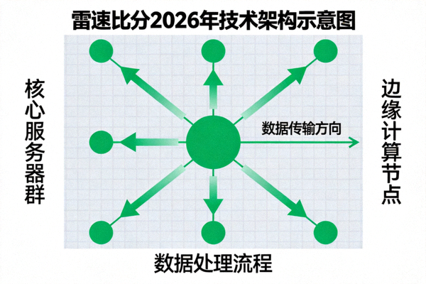 雷速比分2026年技术架构示意图 - 绿色网络节点与数据流